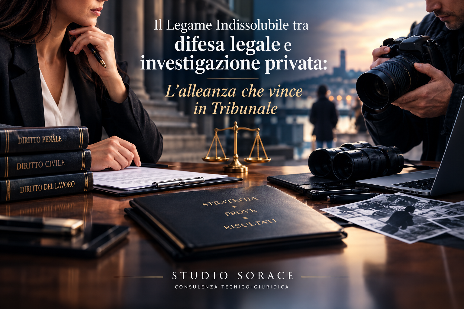 Avvocato e investigatore privato esaminano insieme i documenti di un caso da portare in tribunale